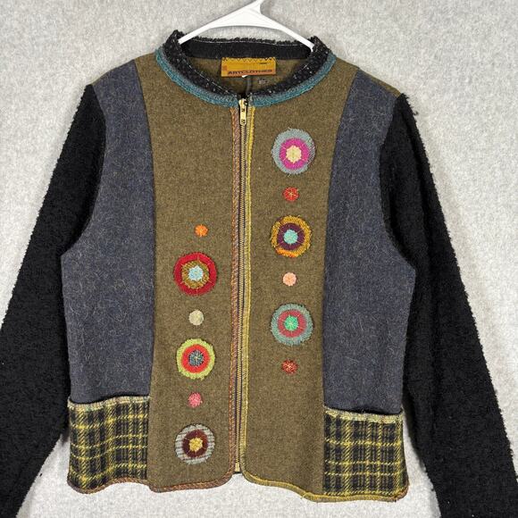 Artclothes Cardigan XS Boiled Felted Applique Fuzzy Patchwork Artsy Crafty Wear - Picture 2 of 16